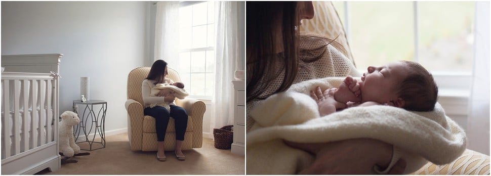 mom holding sleeping baby swaddled in a fuzzy blanket on yellow rocking glider chair by the window with natural light best newborn pictures in pittsburgh 