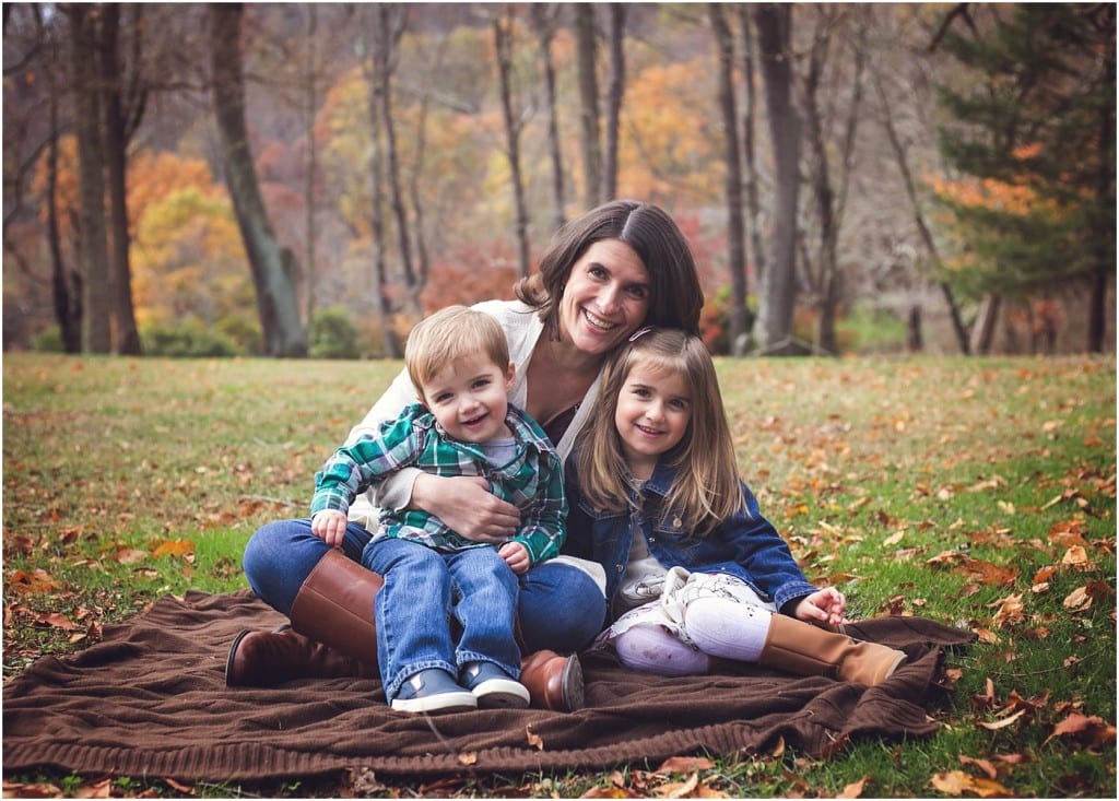mother with son and daughter on Townsend park murrysville with fall foliage for a mini session