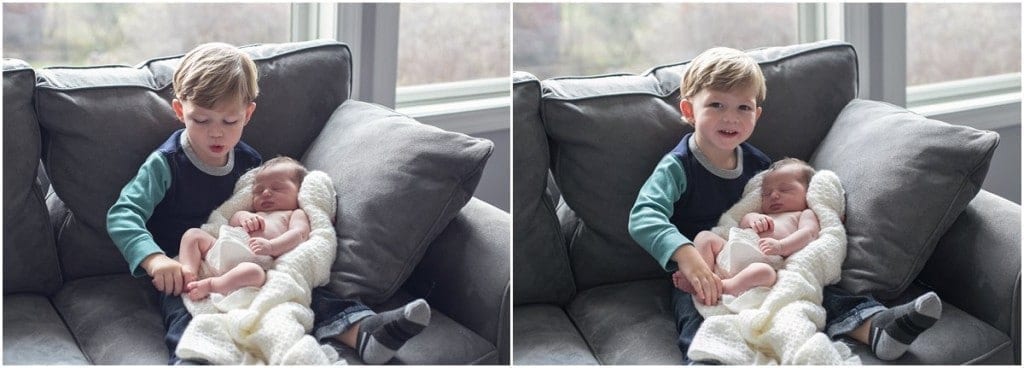 big brother with newborn sister on couch in front of window for a beaver newborn photo session
