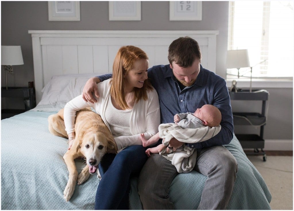 mom and dad holding newborn baby on bed with dog newborn photographer in Wexford