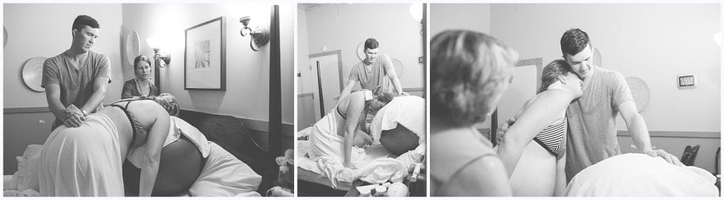 Photos of a mother in labor laying on top of a birth ball with the support of her husband and her midwife