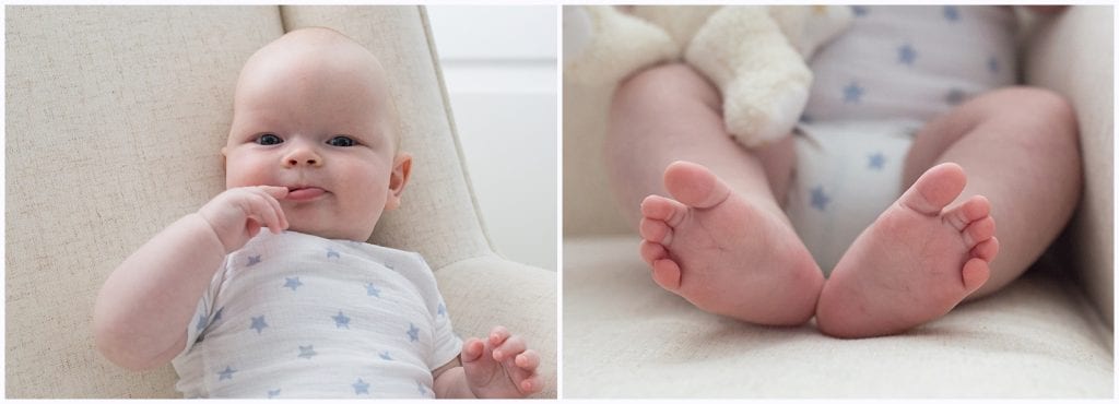 baby with finger in mouth and close up of toes while in a chair