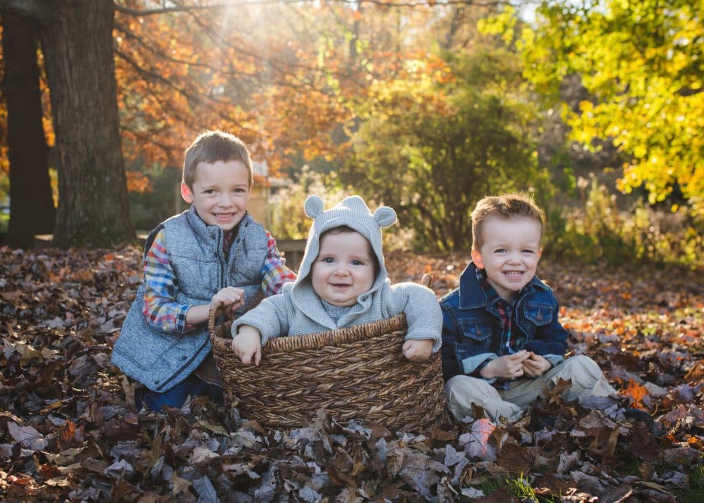 fox-chapel-family-photographer-brothers-sitting-in-fall-leaves-and-baby-basket-beechwood-nature-reserve