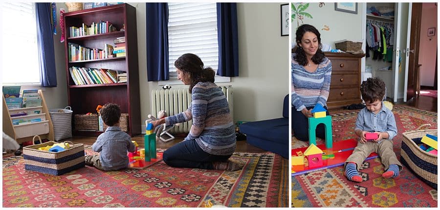 mom and son in pittsburgh bedroom playing toys