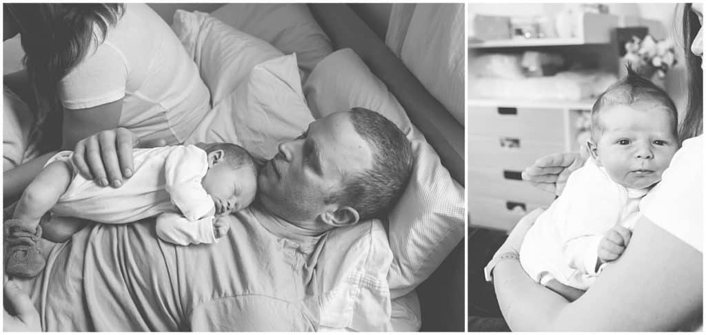 squirrel hill pittsburgh newborn session dad sleeping with newborn on bed