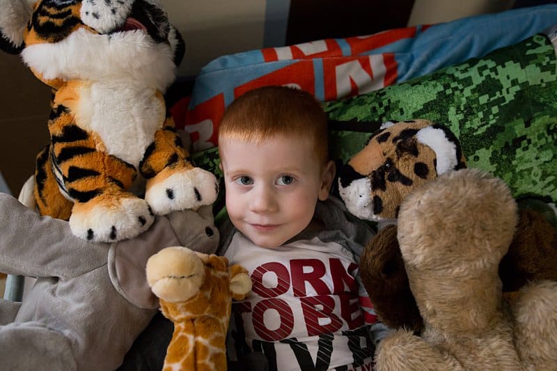 little boy surrounded by stuffed animals in bed