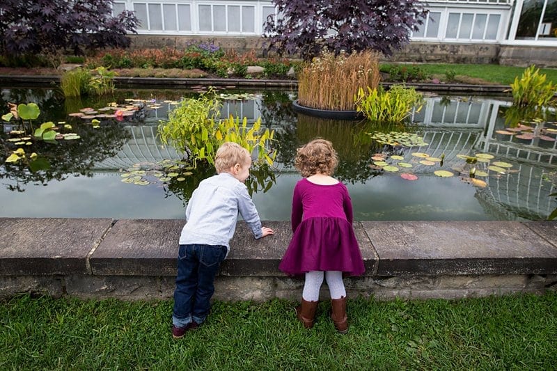 twin brother and sister looking in fountain at phipps