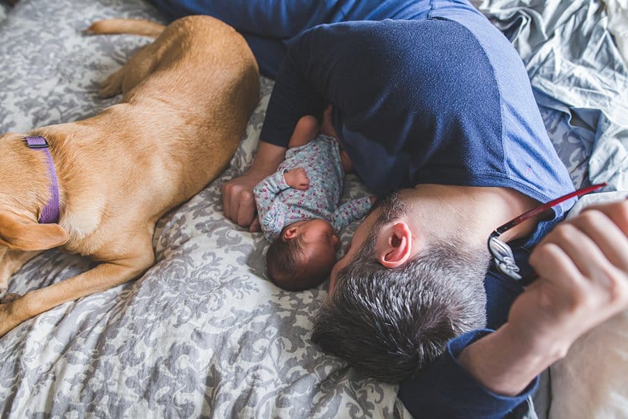 pittsburgh dad and newborn baby and dog on bed in home 