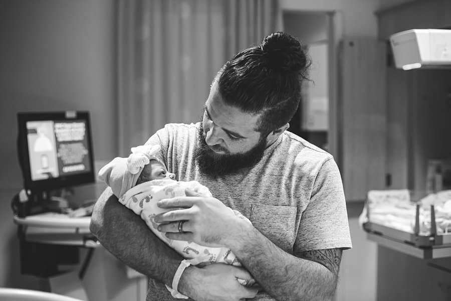 father and newborn baby at magee hospital in pittsburgh after birth of baby girl