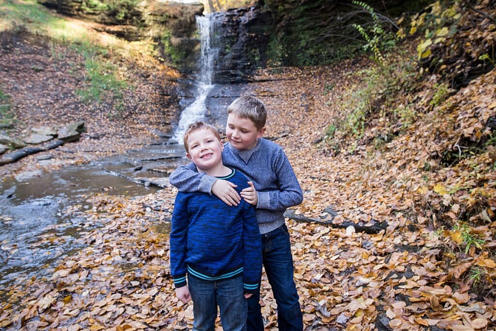 location ideas photo sessions pittsburgh boys in front of waterfall for  family photo session at Falls Run park Mary Beth Miller photography