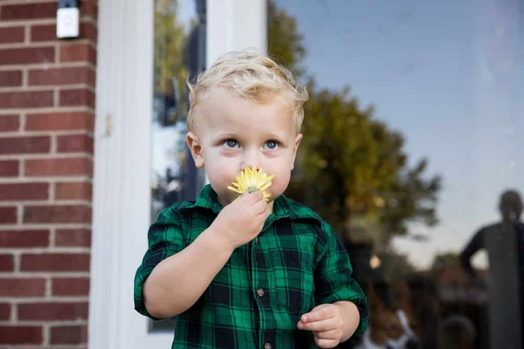 little boy on porch with flower
