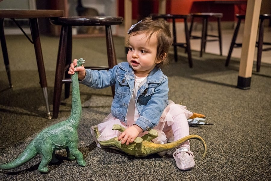 toddler holding dinosaur at carnegie museum