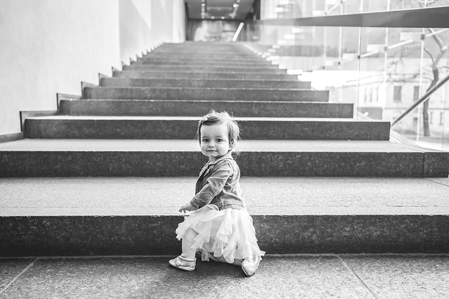 baby girl on steps at carnegie museum of art pittsburgh