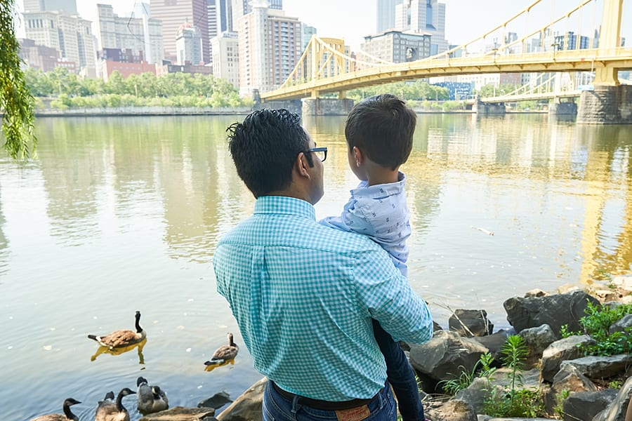 family photo session on north shore river walk Pittsburgh river downtown