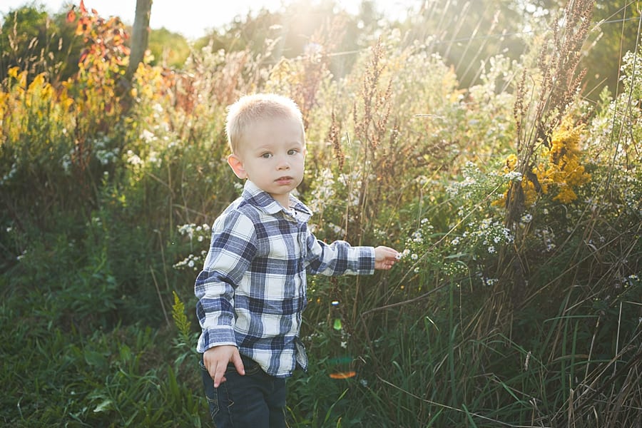 little boy standing in the sunset with wildflowers behind him on a farm