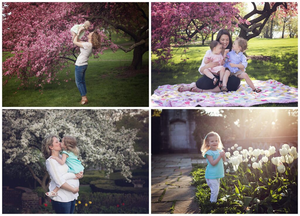 A collage of four photos shows women and young children outdoors in spring, surrounded by blooming trees and flowers during spring blossoms photo sessions in Pittsburgh, enjoying nature and each other's company.