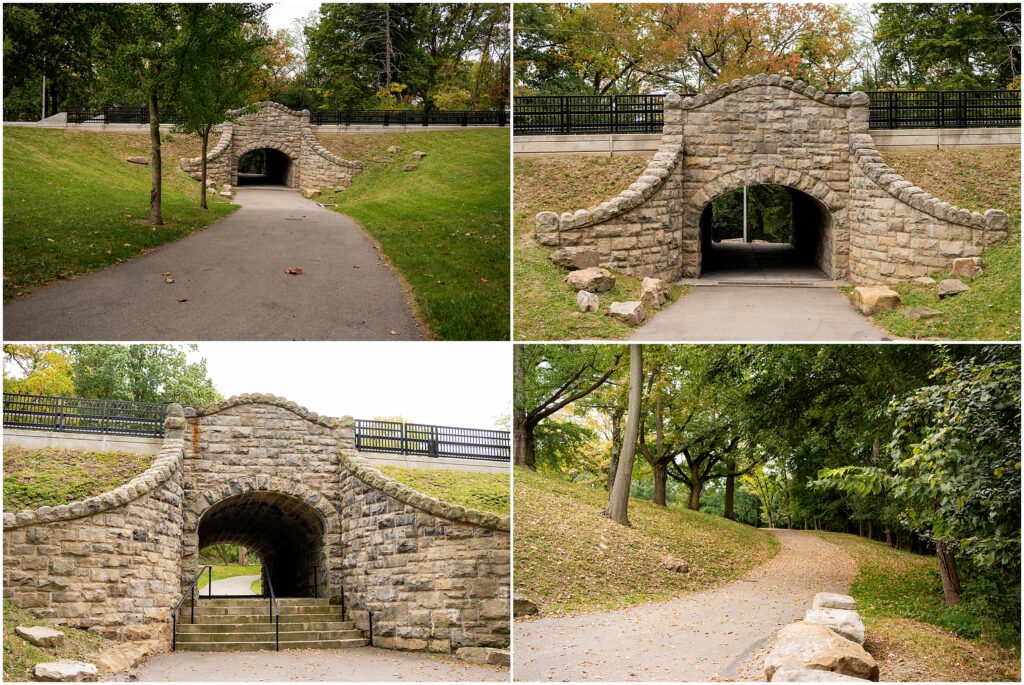 A four-panel collage showing a stone bridge and tunnel along a park walking path, a popular location for Pittsburgh photo sessions.