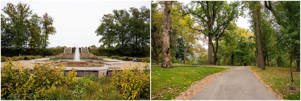A park fountain surrounded by seating and a paved walking path through a wooded area with autumn leaves, ideal locations for Pittsburgh photo sessions.