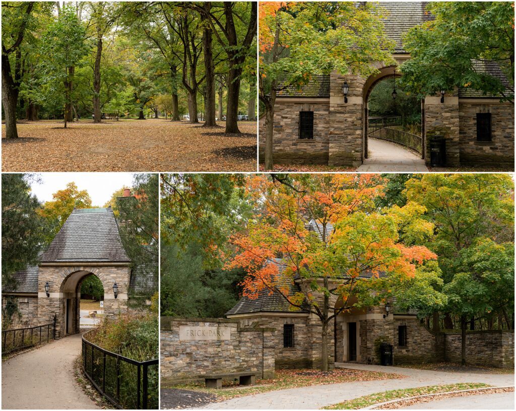 A collage of four views of the Frick Park entrance, a popular spot for Pittsburgh photo sessions, featuring stone archways, paved paths, and trees with autumn foliage.
