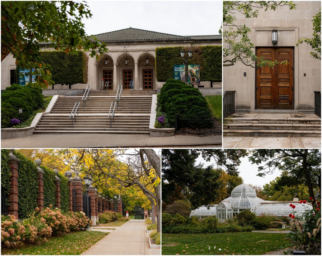 A collage of four views of a botanical garden, including a stone building with stairs, an entrance door, a paved garden path, and a glass conservatory perfect for Pittsburgh photo sessions.