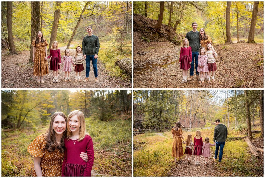 Four family photos in a wooded area near Pittsburgh: two adults and two young girls pose and walk among trees and fallen leaves, dressed in autumn clothing—perfect for memorable locations photo sessions.