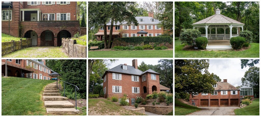 Collage of six photos shows a large red-brick house, stone steps, garage, arches, a wooden gazebo, and landscaped grassy areas with trees—perfect locations for photo sessions in Pittsburgh.