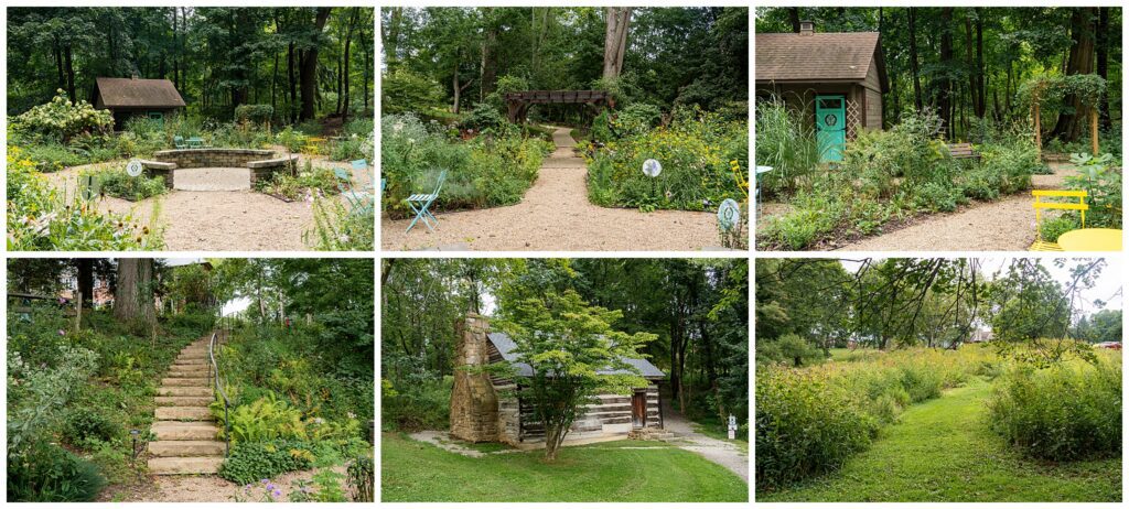 Collage of six images featuring garden paths, greenery, a log cabin, stairs, and small structures in a wooded park area—ideal for locations photo sessions in Pittsburgh.