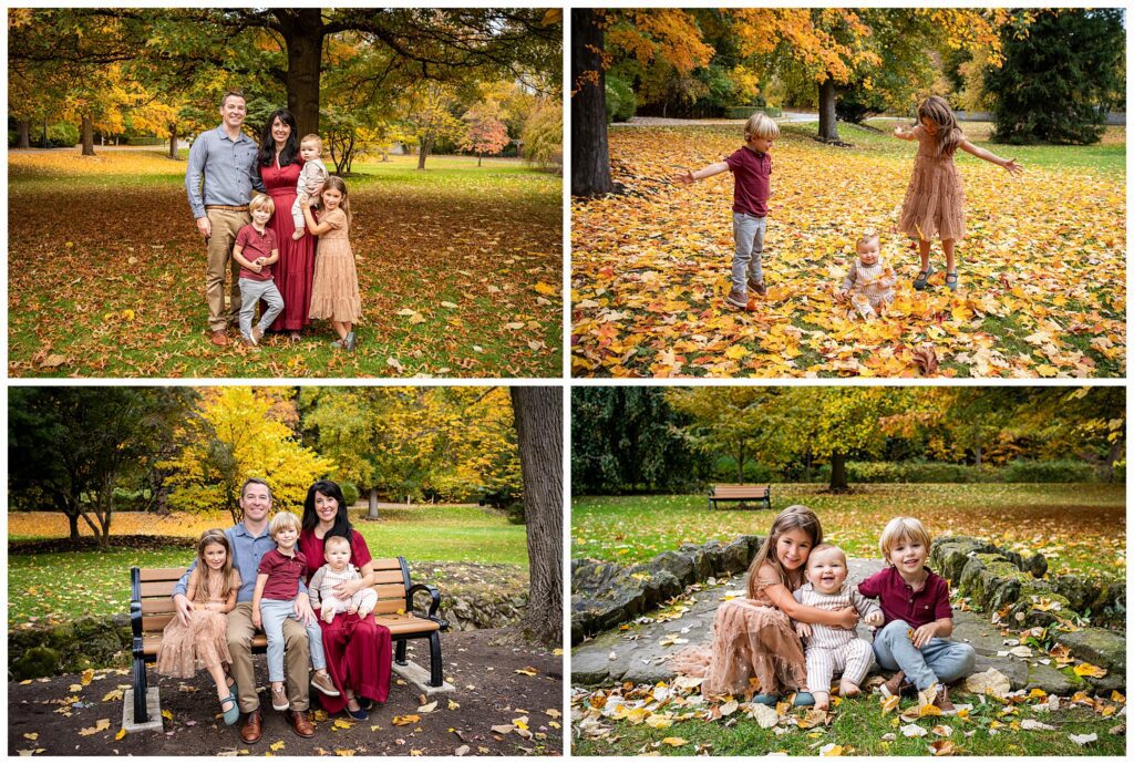 A family of five poses outdoors in a Pittsburgh park with autumn leaves, featuring group and candid shots of parents and three young children—perfect inspiration for locations photo sessions in the area.
