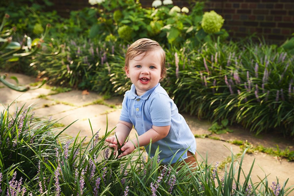 little boy during a photo session at the walled garden in Mellon Park with black metal gates and brick walls and flowers