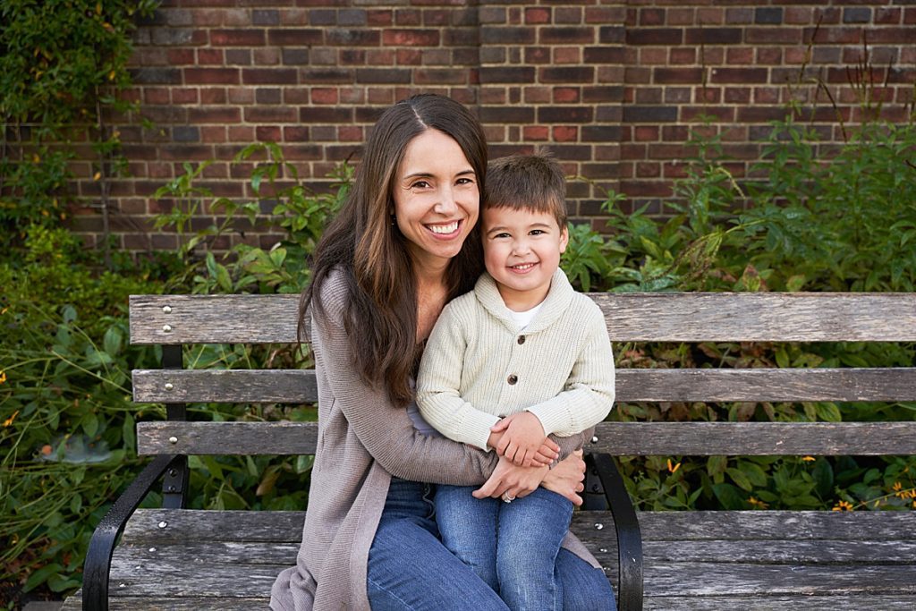 mom with son at Mellon Park walled garden for a family photo session