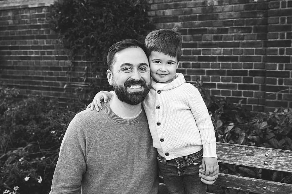 dad with son at Mellon Park walled garden for a family photo session