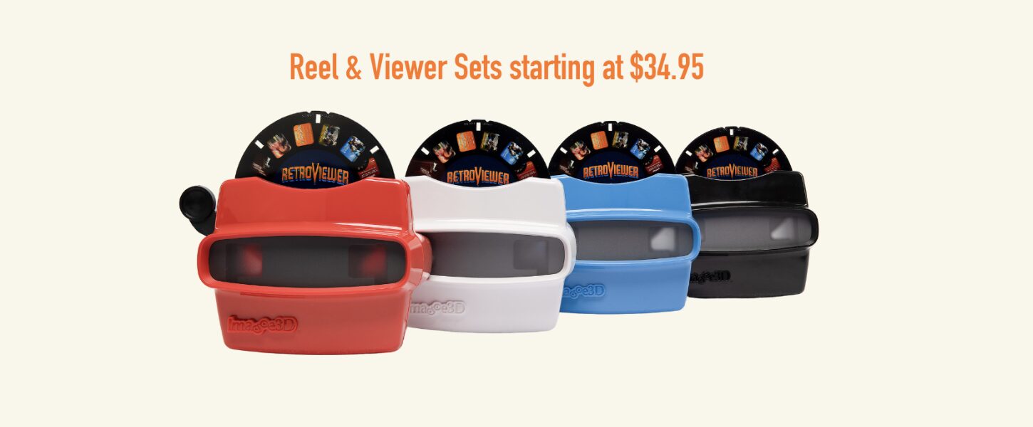 Four RetroViewer reel and viewer sets in red, white, blue, and black, displayed in a row with text above reading “Reel & Viewer Sets starting at $34.95.” A fun way to get your photos off your phone and into a nostalgic keepsake.