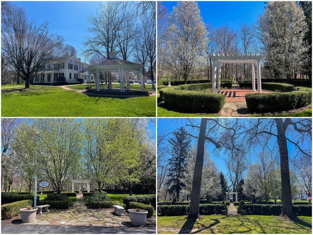 Four images of a garden with green lawns, blooming trees, manicured hedges, and a white gazebo—perfect locations for photo sessions in Mahoning County or near Youngstown under clear blue skies.