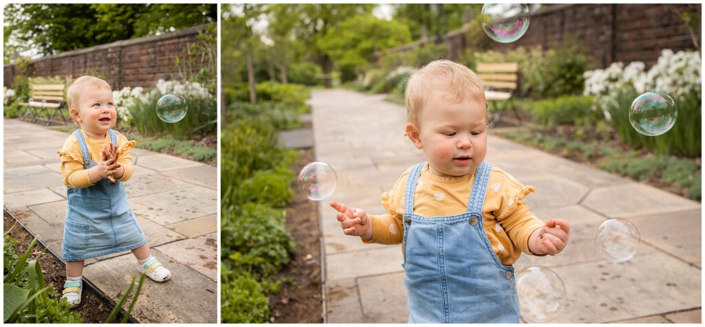 baby girl  with bubbles in Mellon park walled garden SHADYSIDE
