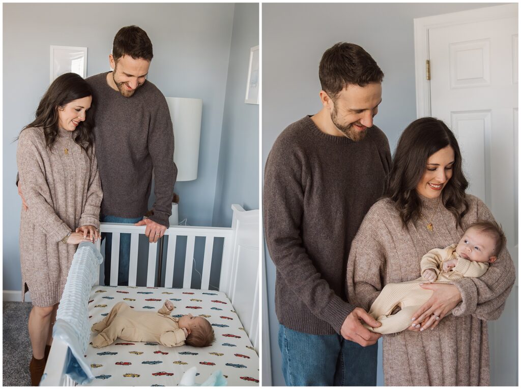 A couple admiring their baby in a crib and then holding the baby together.