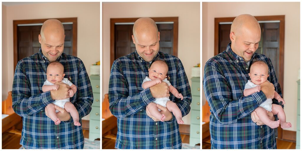 A man in a plaid shirt smiling and holding a baby, with a sequence of three images showing their interaction.