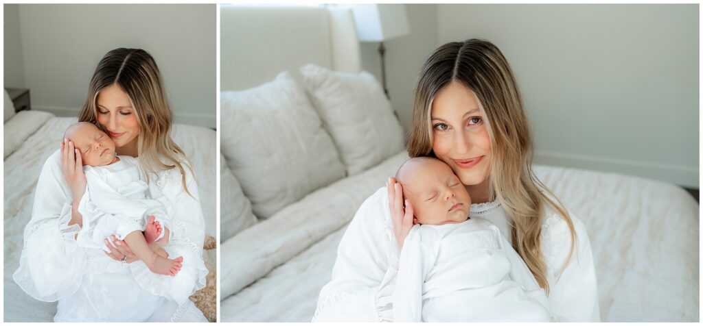 A woman holding a sleeping baby, both in white clothing, sitting on a white bed in a softly lit room. second image is a close-up of the same scene.