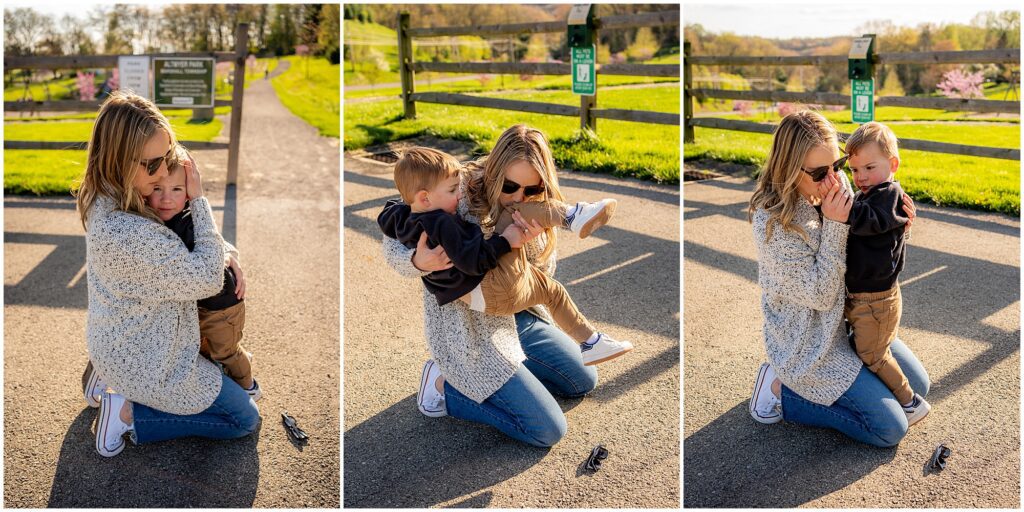 A woman squatting hugs and kisses a young boy on a sunny park path, showing three sequences of affectionate interaction.