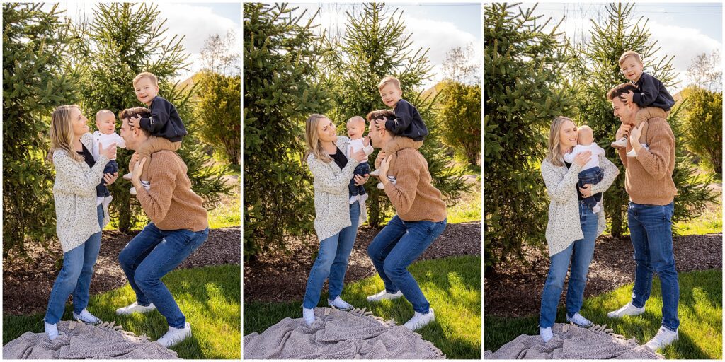 A series of five images showing two women and two young children playing and interacting joyfully among tall pine trees.