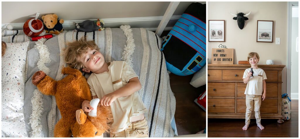 A child lies on a bed with a stuffed animal on the left; on the right, the child stands smiling next to a wooden dresser with various items on and above it.