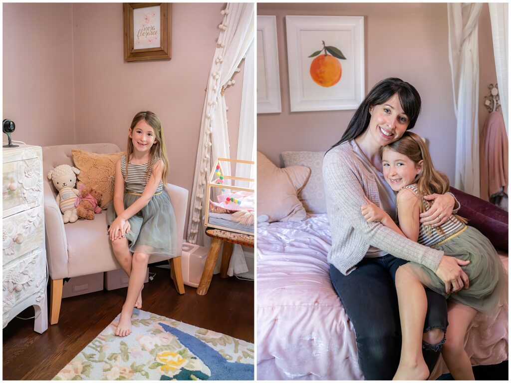 Left: A young girl sits on a chair in a decorated room. Right: The same girl is sitting on the lap of an adult, both smiling, while seated on a bed in the same room.