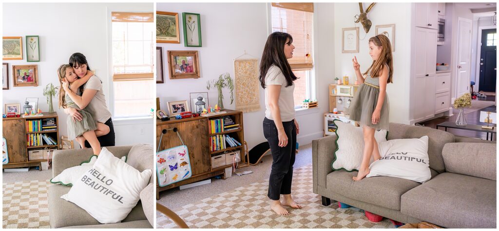 Two photos: a woman hugging a child on the left, and the same woman facing the child who is standing on a sofa on the right. The room has bookshelves, framed pictures, and white walls.