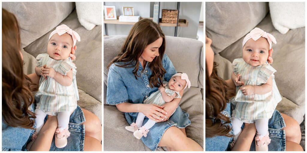 A woman in a denim dress holds a baby wearing a striped dress and pink bow headband, sitting on a beige sofa. The scene appears in a collage of three images.