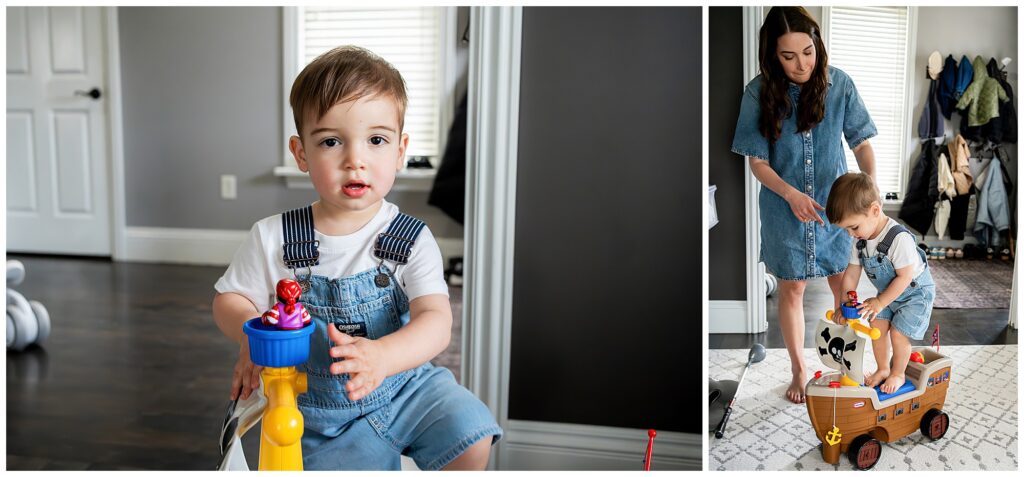 A child in overalls plays indoors with a toy, while an adult assists nearby. A second image focuses on the child on a pirate ship toy.