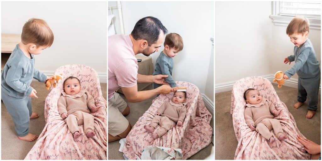 A man and a toddler participate in brushing a baby's hair while the baby lies in a pink patterned baby lounger. The toddler holds a toy bear in the first and last panels.