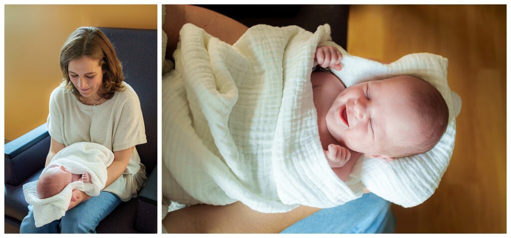 A woman sits in a chair holding a swaddled newborn; a close-up shows the baby wrapped in a white blanket and smiling.