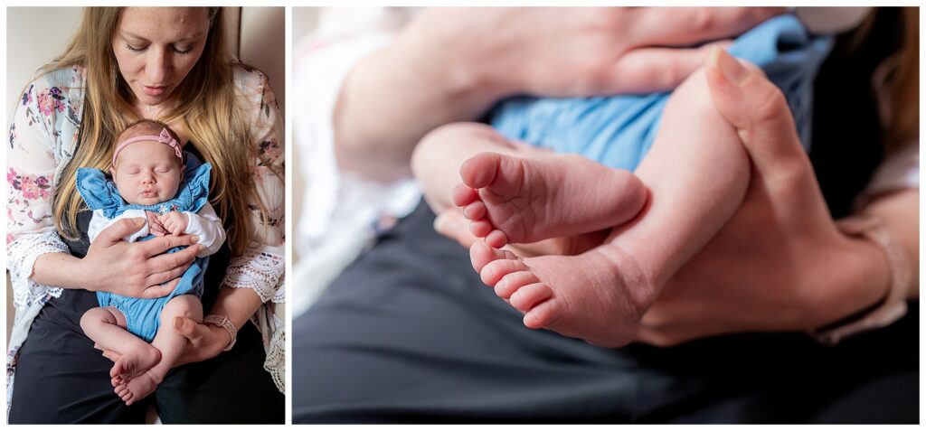 A woman holds a sleeping baby in her arms; a close-up shows the baby's small feet resting in her hands.