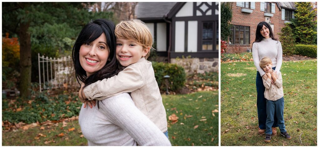 A woman and a young boy pose together outside in front of houses; in one image, the boy is on her back, and in the other, he stands in front of her while she hugs him.