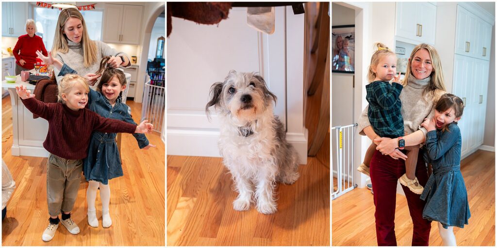 Three-photo collage: a woman and two children in a kitchen, a small white and brown dog on a wooden floor, and the woman holding one child with another child beside her.